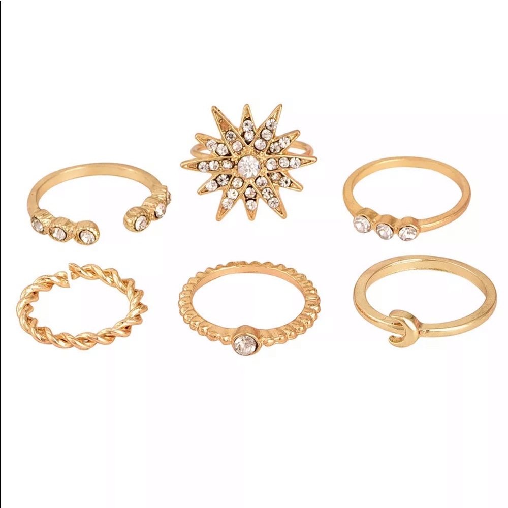 6 Pcs/Set Gold Starburst And Rhinestones Rings - Picture 4 of 7